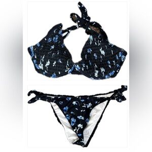 SHEIN Black and Blue Floral Bikini Medium